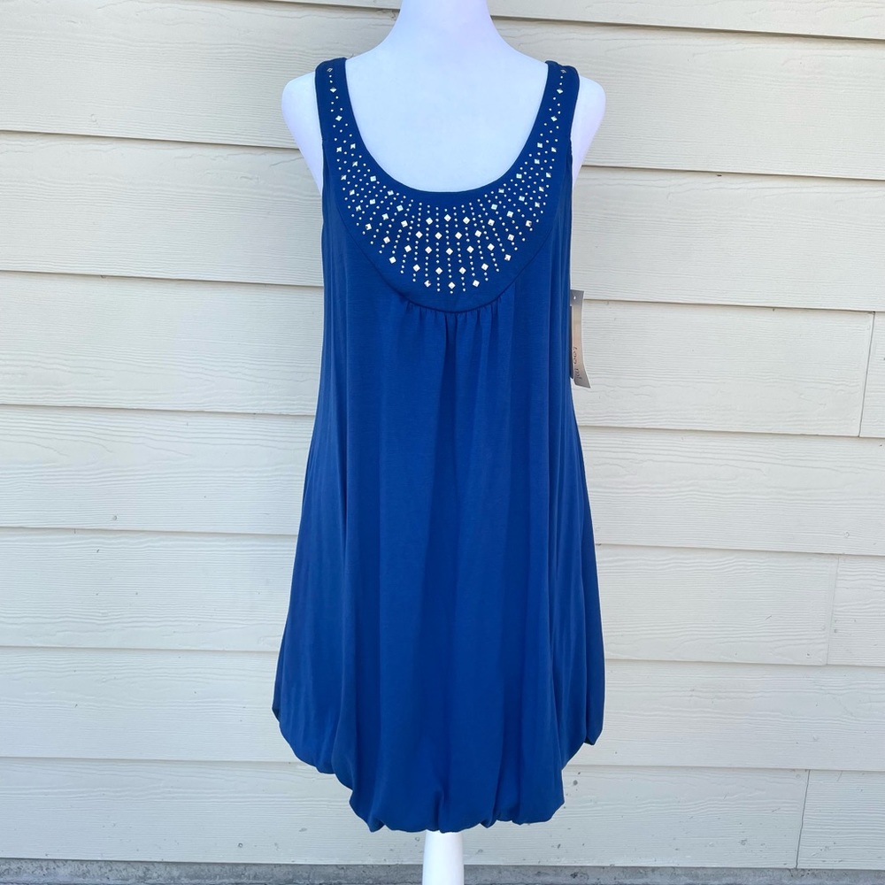 Silver Studs Bubble Hem Royal Blue Sleeveless Dress
